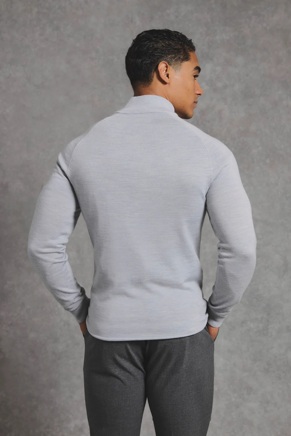 Extra Fine Merino Wool Half Zip Neck Jumper in Dove Grey - Image 6