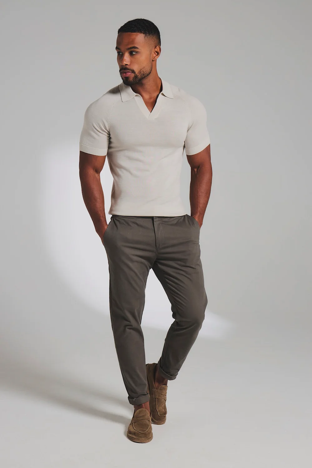 Extra Fine Merino Wool Knitted Open Collar Polo Shirt in Alabaster - Image 3