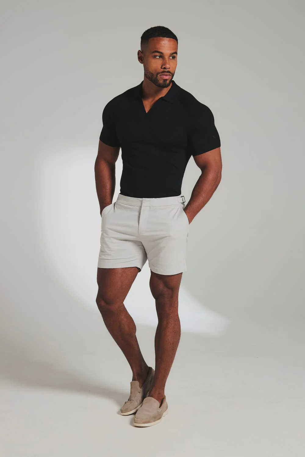 Extra Fine Merino Wool Knitted Open Collar Polo Shirt in Black - Image 3