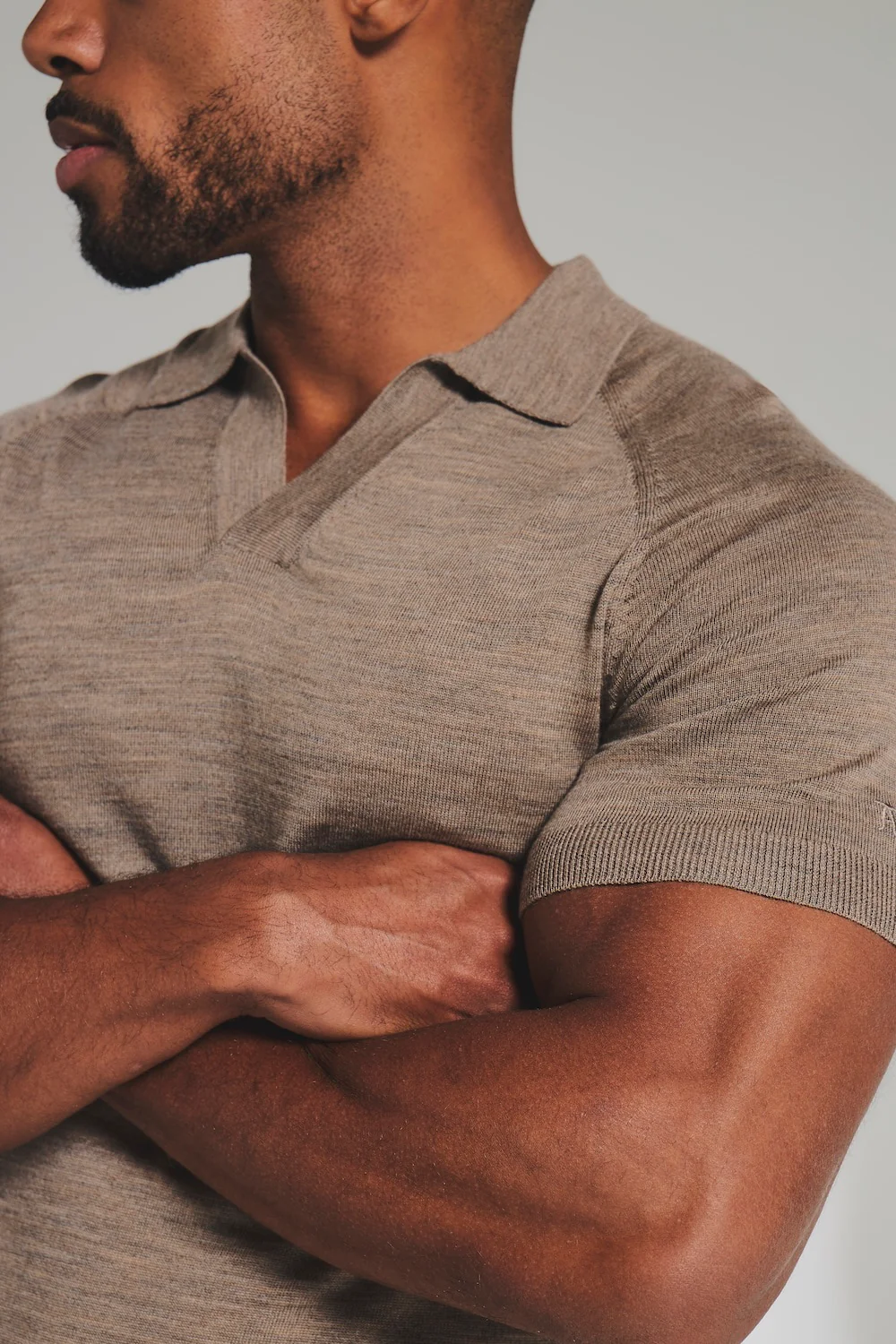 Extra Fine Merino Wool Knitted Open Collar Polo Shirt in Camel Marl - Image 4