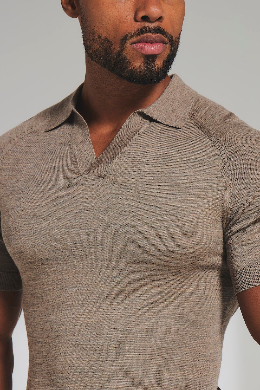 Extra Fine Merino Wool Knitted Open Collar Polo Shirt in Camel Marl - Image 5