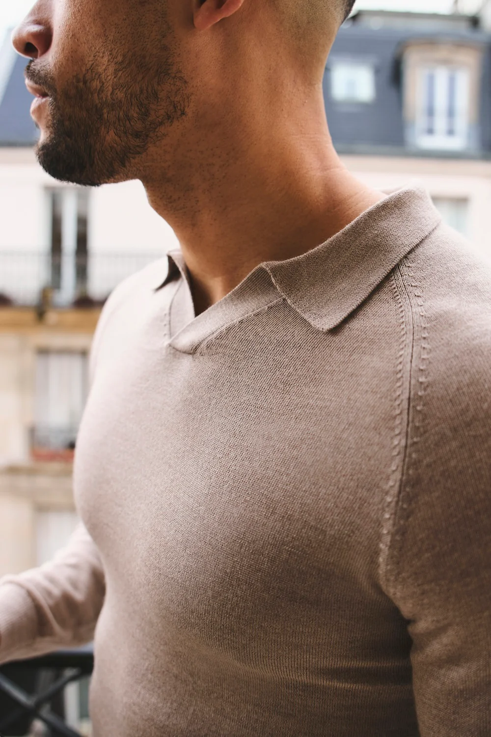 Extra Fine Merino Wool Open Collar Polo Shirt in Wheat Marl - Image 5