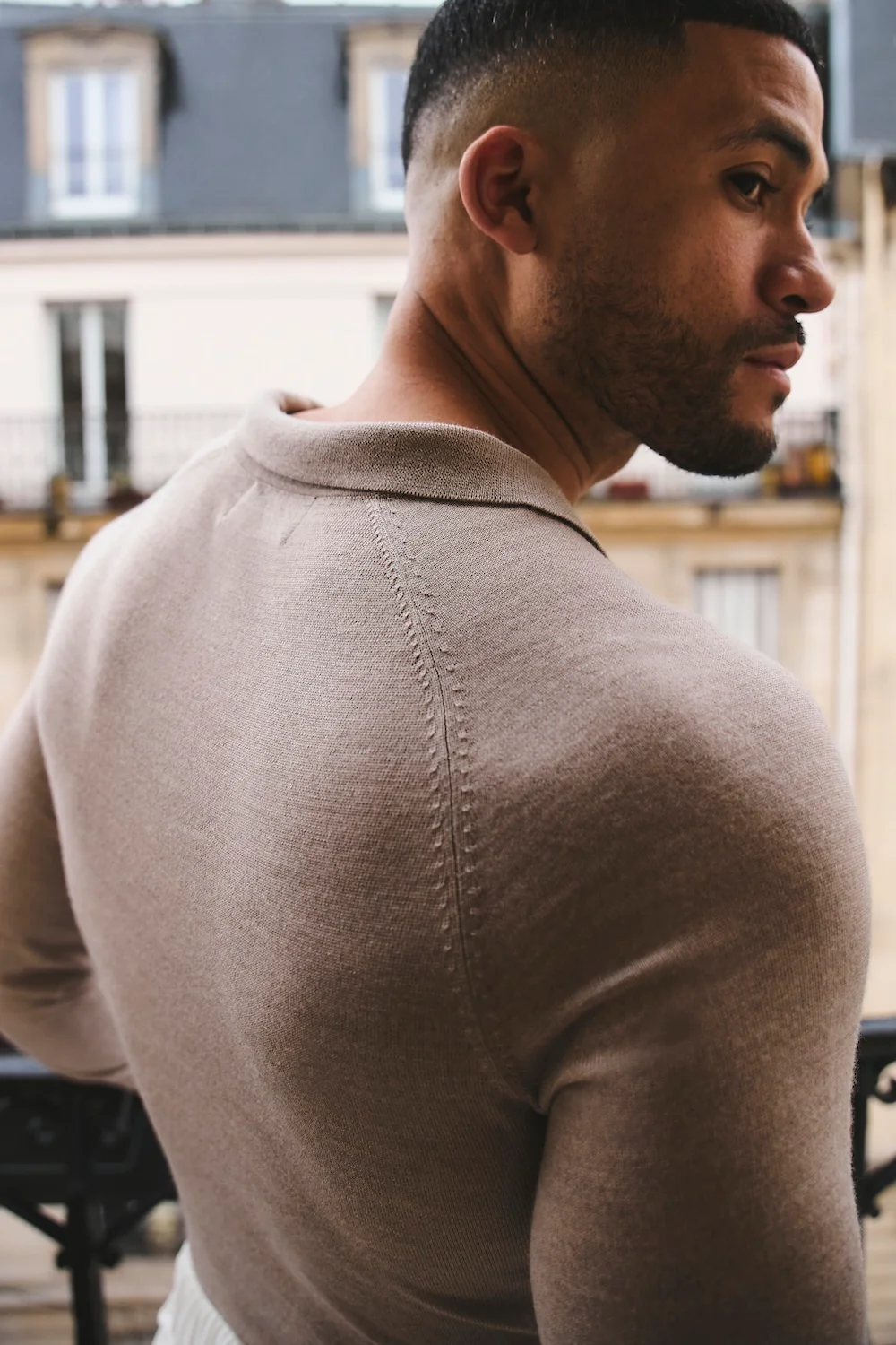 Extra Fine Merino Wool Open Collar Polo Shirt in Wheat Marl - Image 7