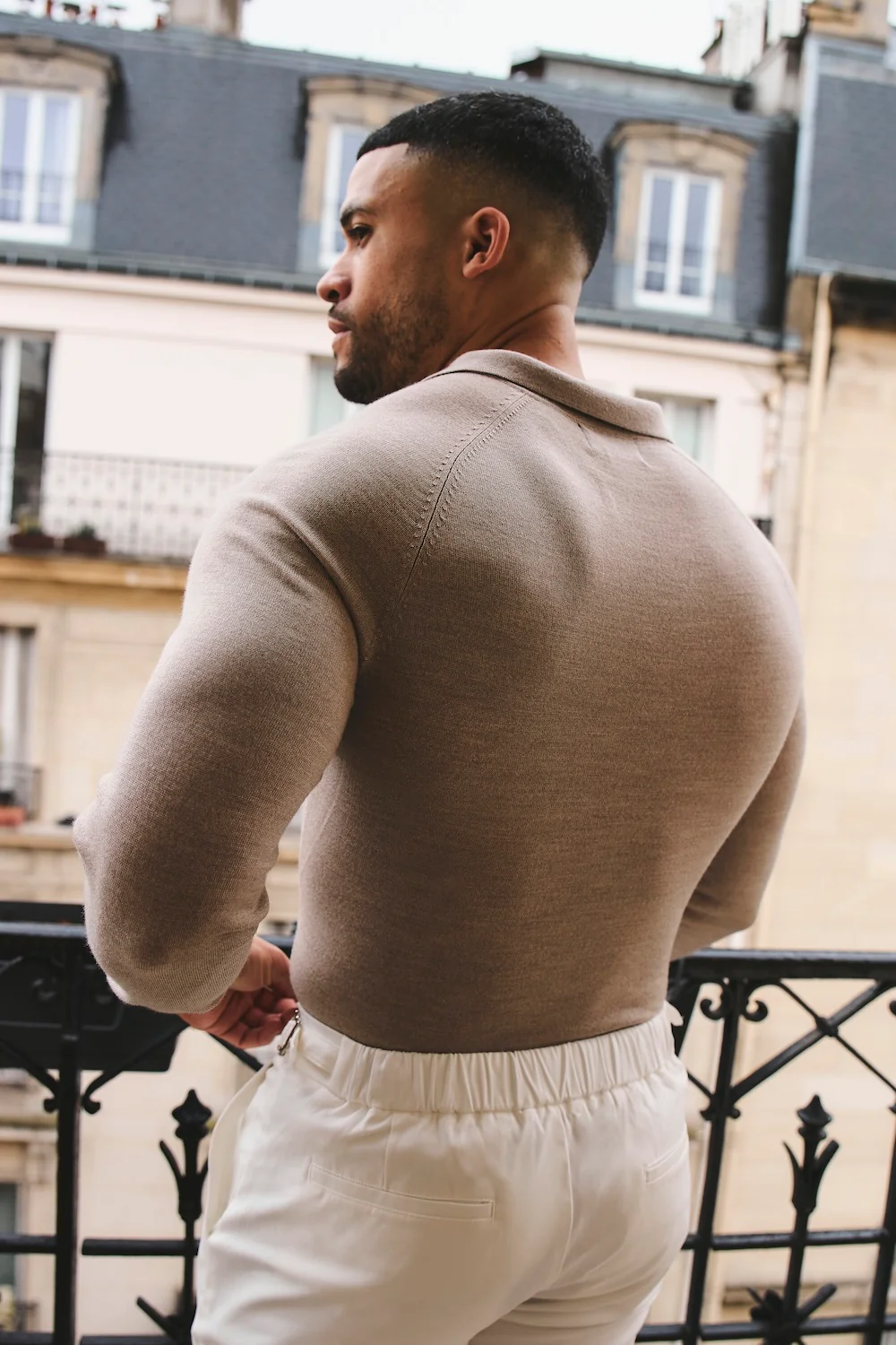Extra Fine Merino Wool Open Collar Polo Shirt in Wheat Marl - Image 8