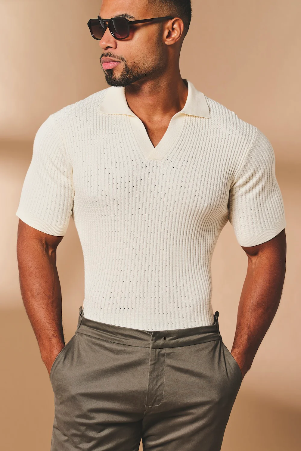 Fine Cable Knitted Open Collar Polo Shirt in Ecru - Image 5