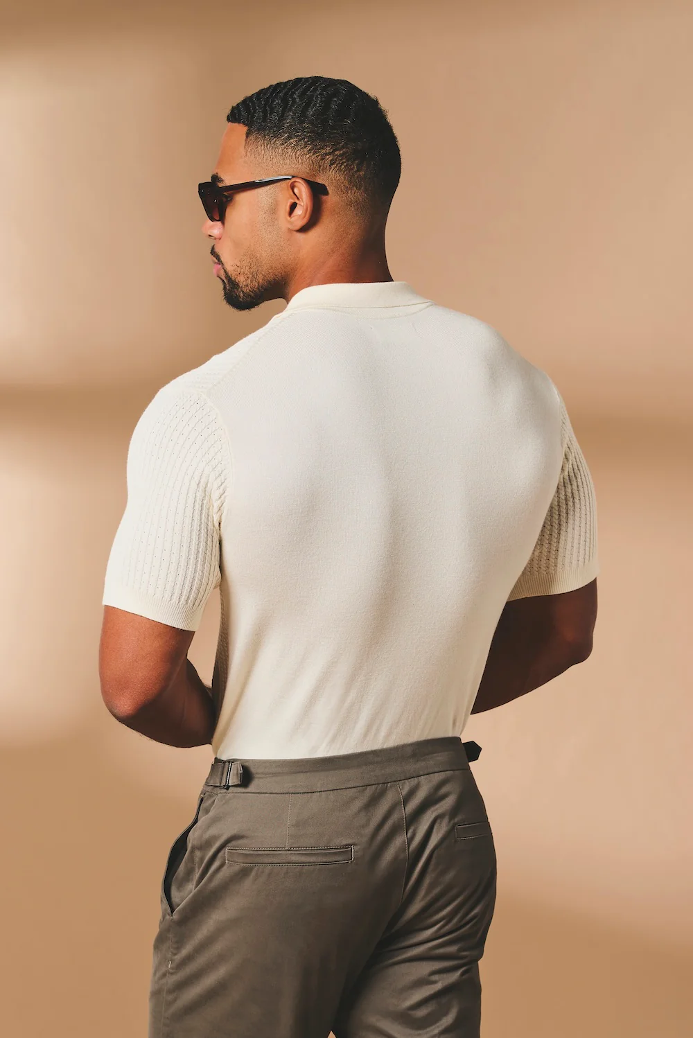 Fine Cable Knitted Open Collar Polo Shirt in Ecru - Image 6