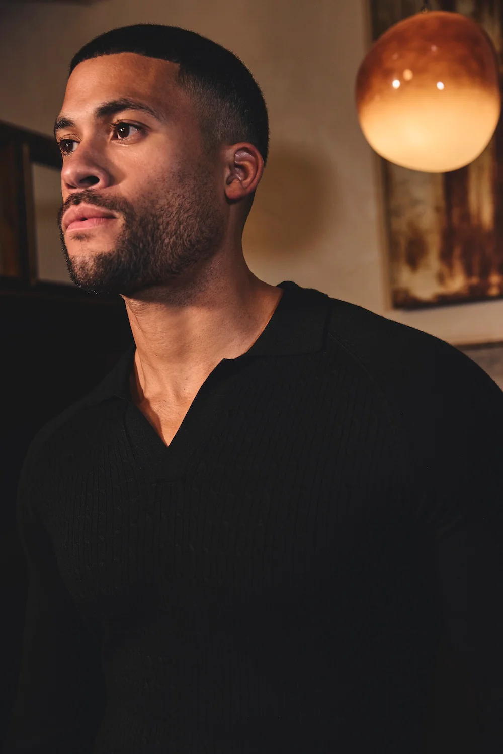 Fine Cable Knitted Polo Shirt in Black - Image 2