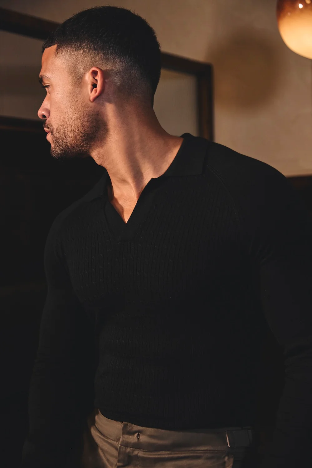 Fine Cable Knitted Polo Shirt in Black - Image 3