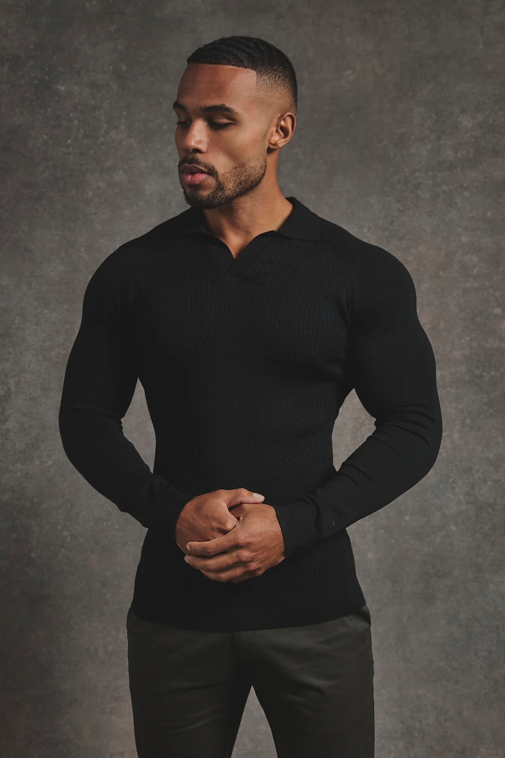 Fine Cable Knitted Polo Shirt in Black - Image 4