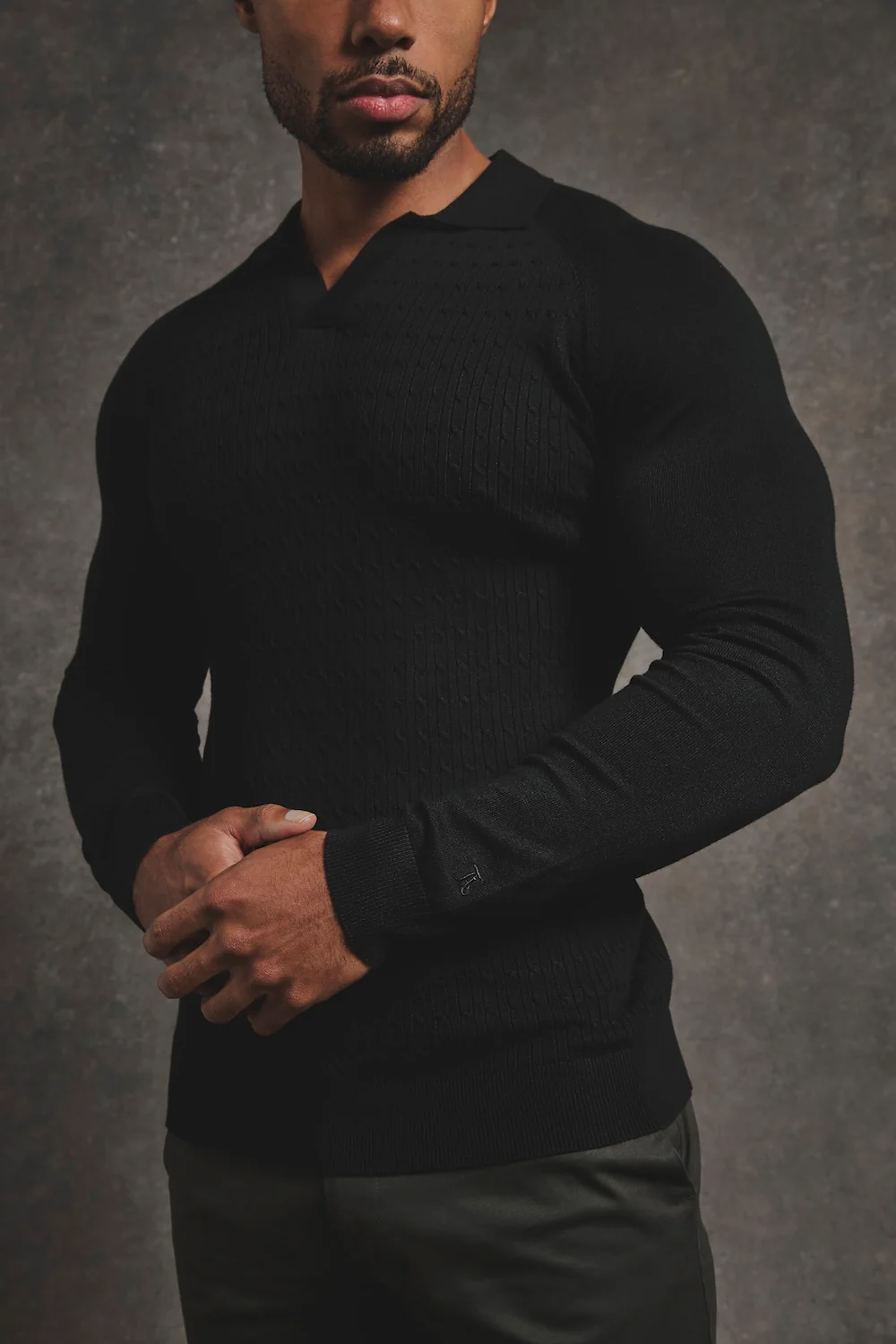 Fine Cable Knitted Polo Shirt in Black - Image 8