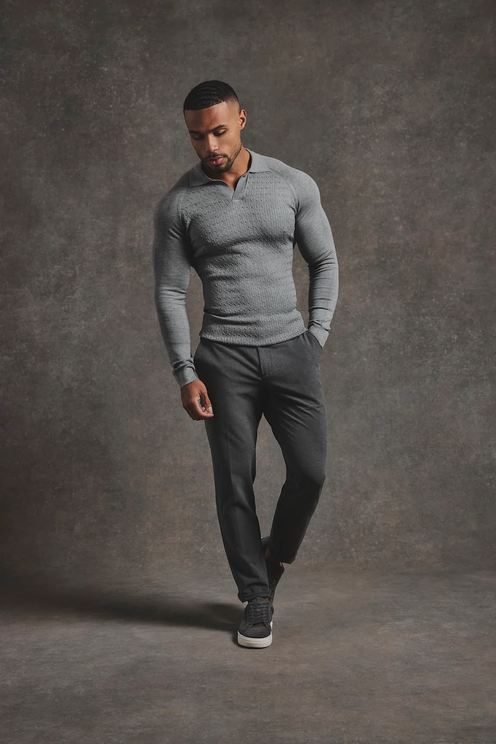 Fine Cable Knitted Polo Shirt in Grey Marl - Image 2