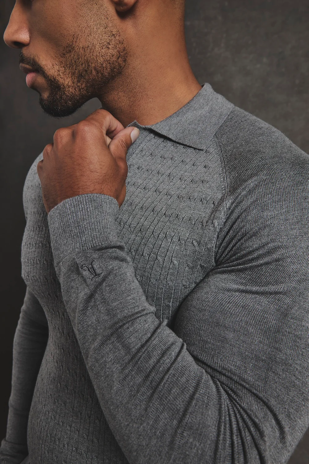 Fine Cable Knitted Polo Shirt in Grey Marl - Image 3