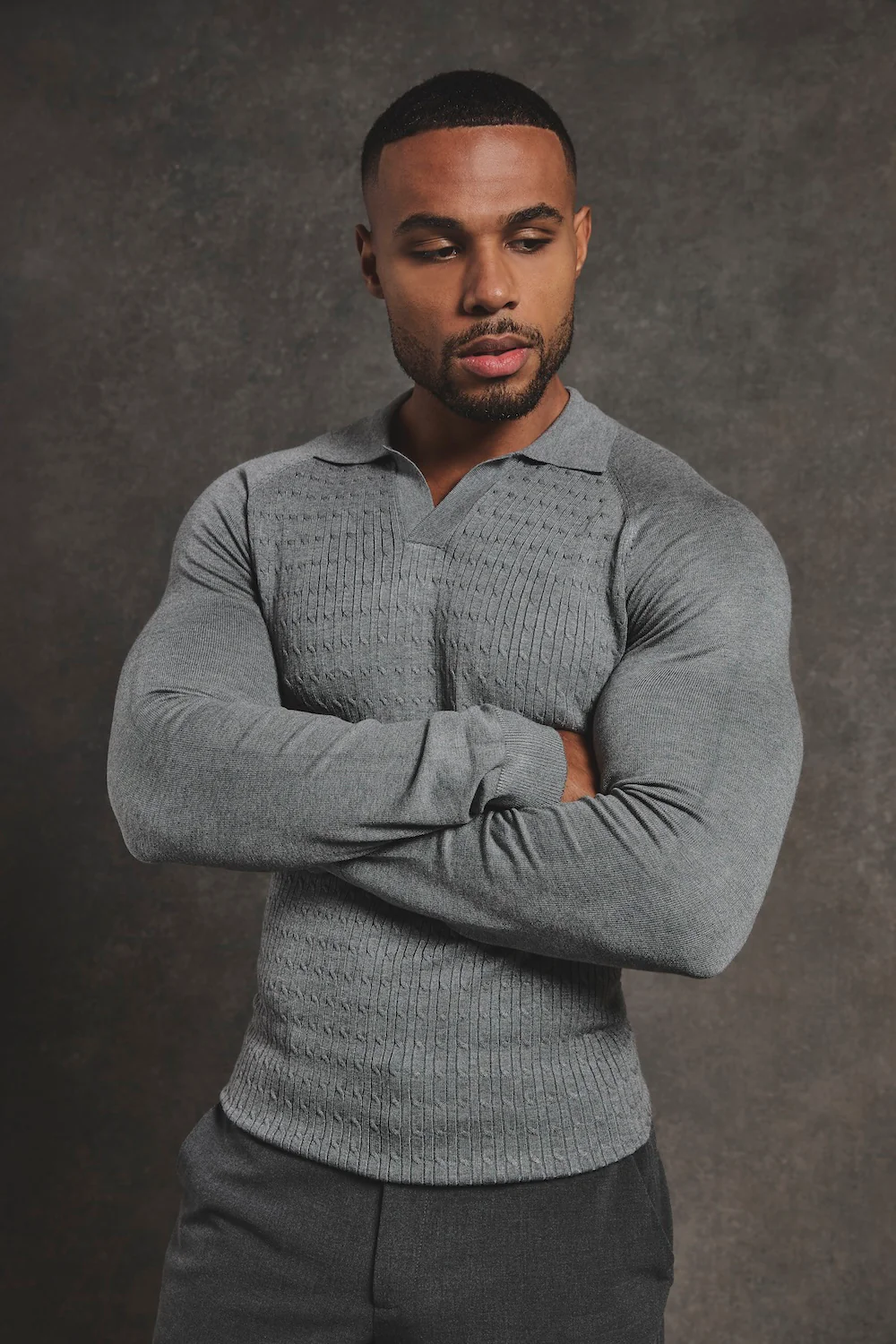 Fine Cable Knitted Polo Shirt in Grey Marl - Image 4