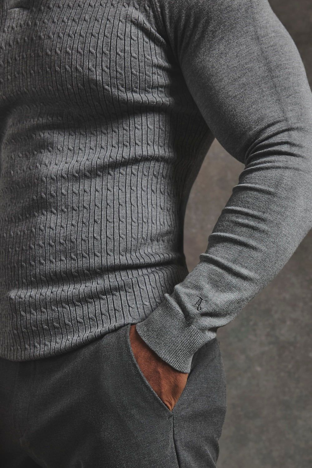Fine Cable Knitted Polo Shirt in Grey Marl - Image 5