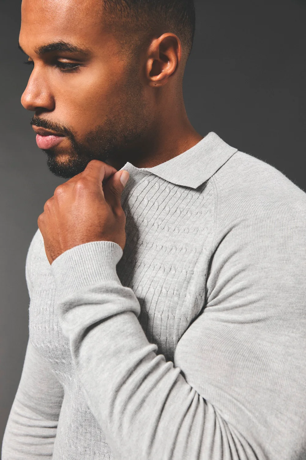 Fine Cable Knitted Polo Shirt in Light Grey Marl - Image 3