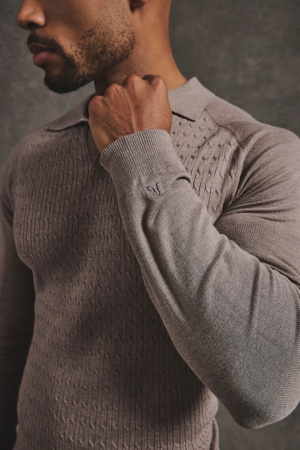 Fine Cable Knitted Polo Shirt in Neutral Marl - Image 7