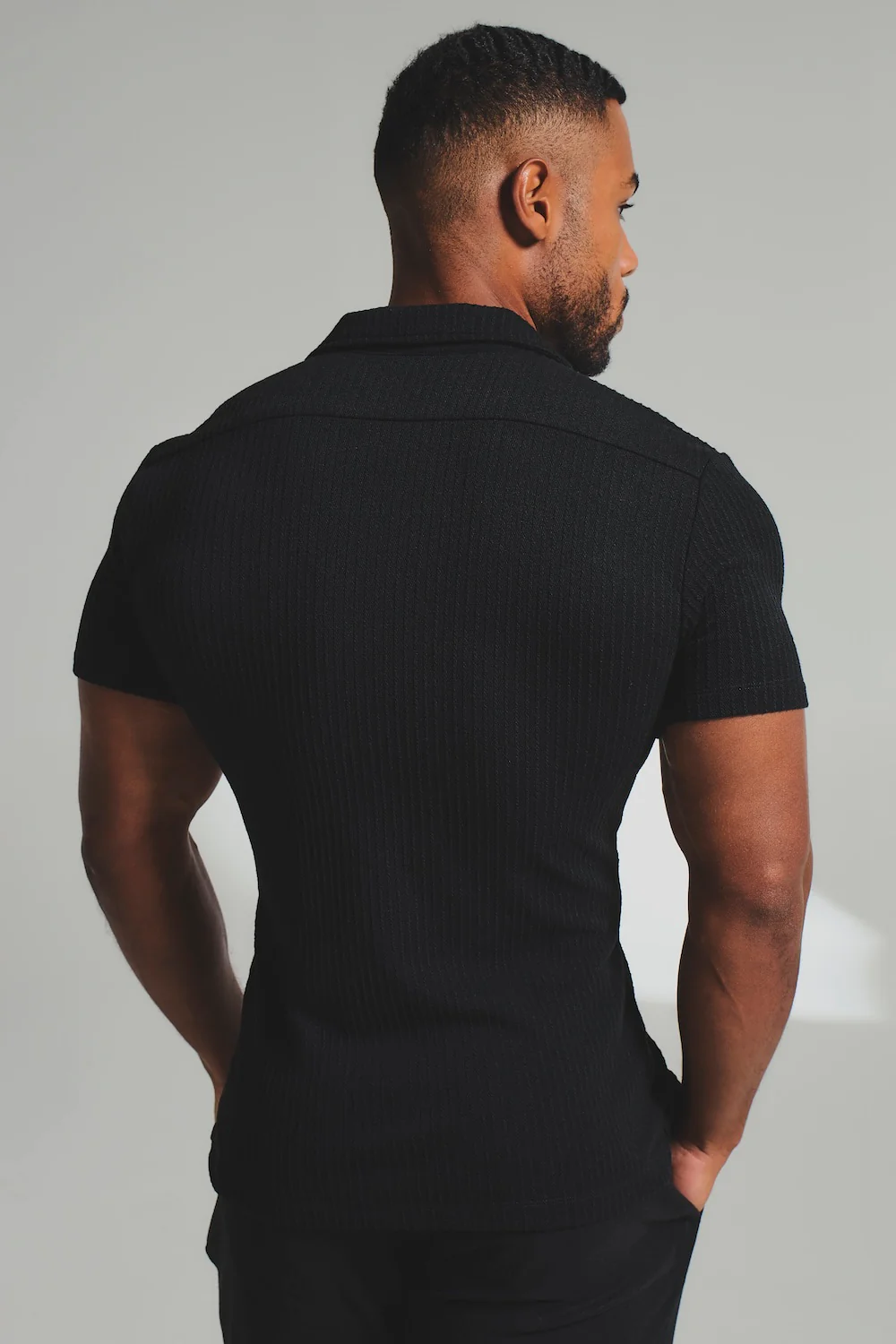 Fine Textured Stripe Cuban Collar Shirt in Black - Image 6