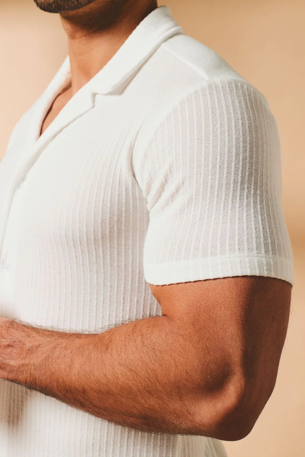 Fine Textured Stripe Cuban Collar Shirt in White - Image 3