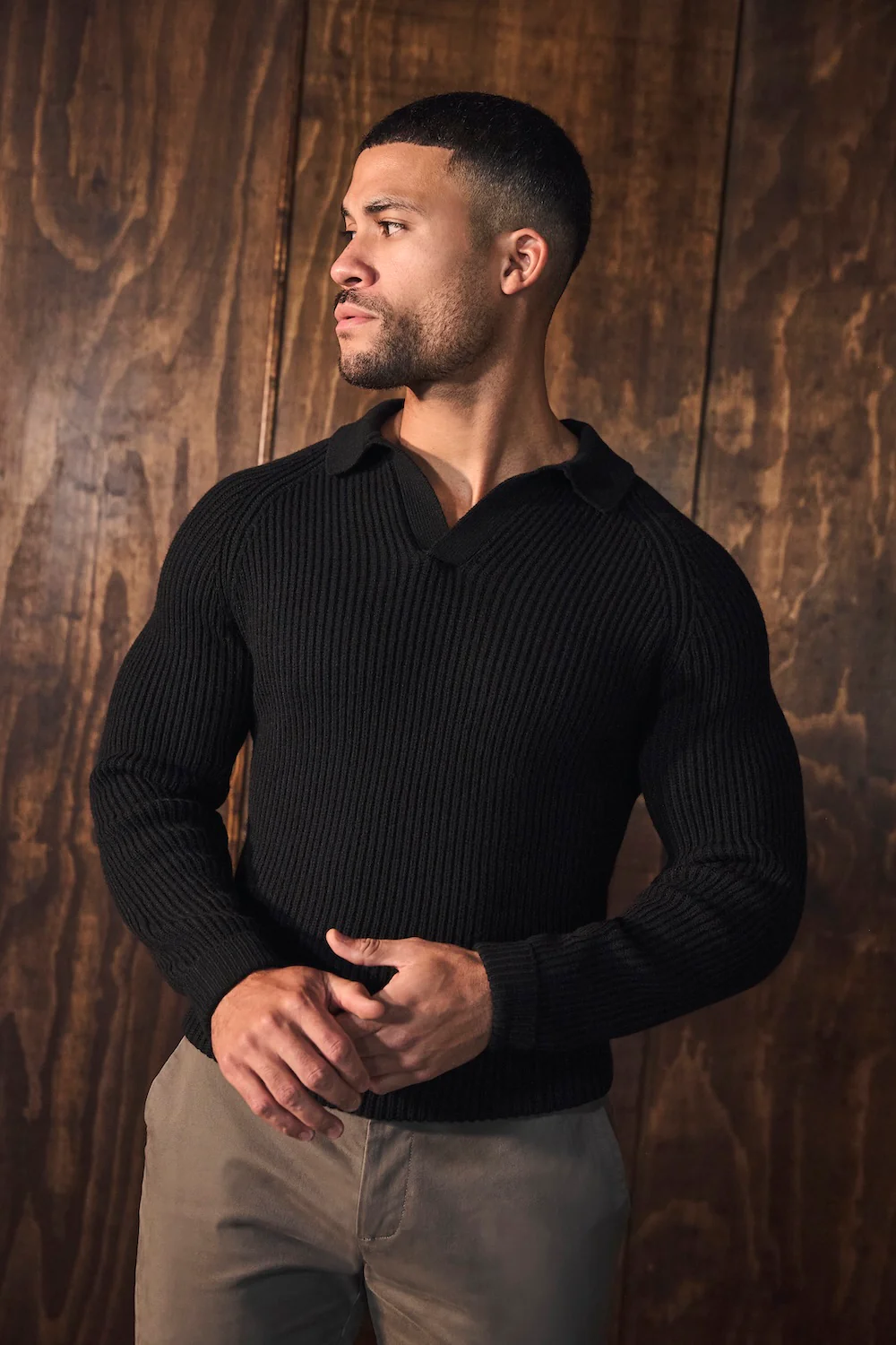 Fisherman Rib Open Collar Polo Shirt in Black - Image 2