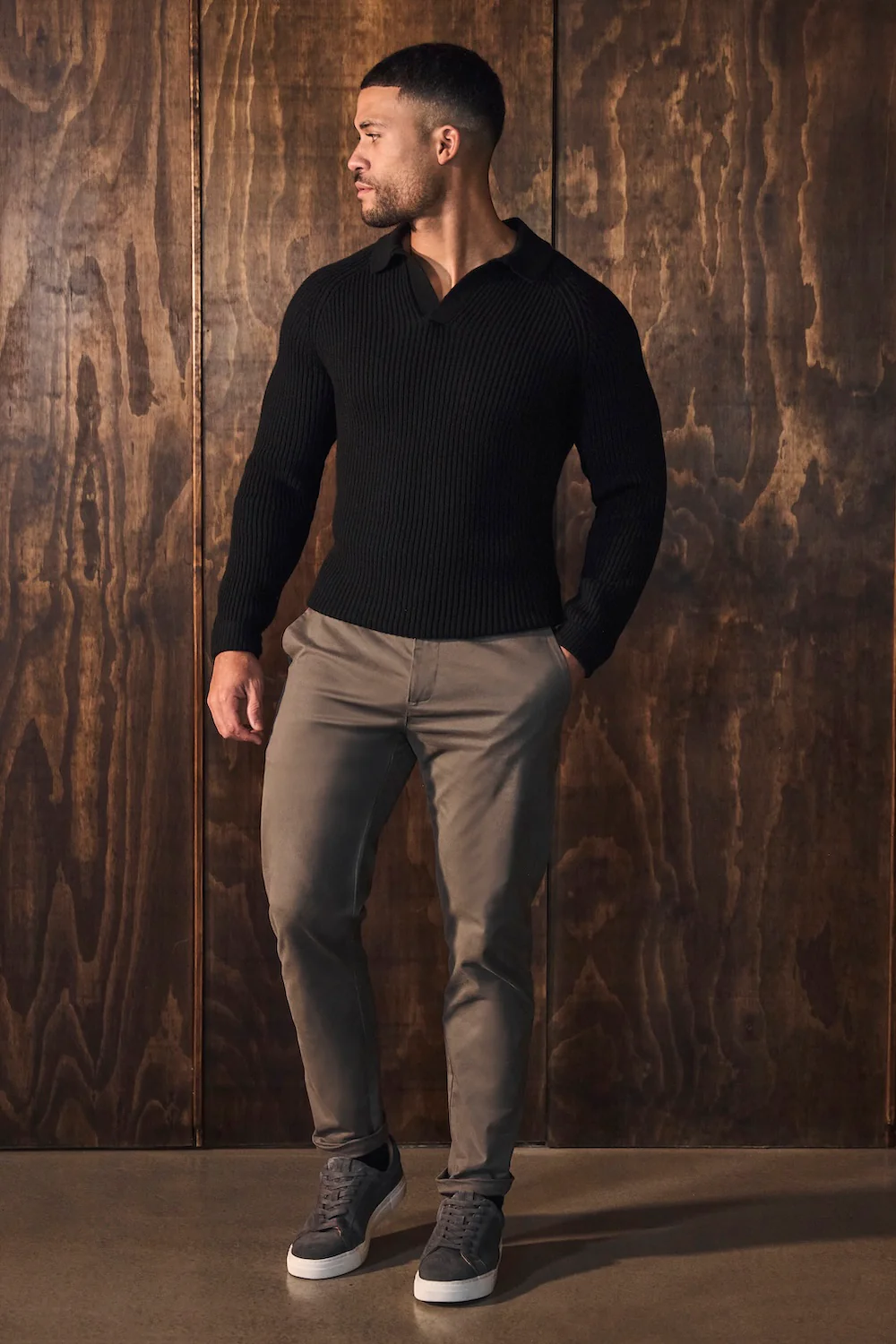 Fisherman Rib Open Collar Polo Shirt in Black - Image 4