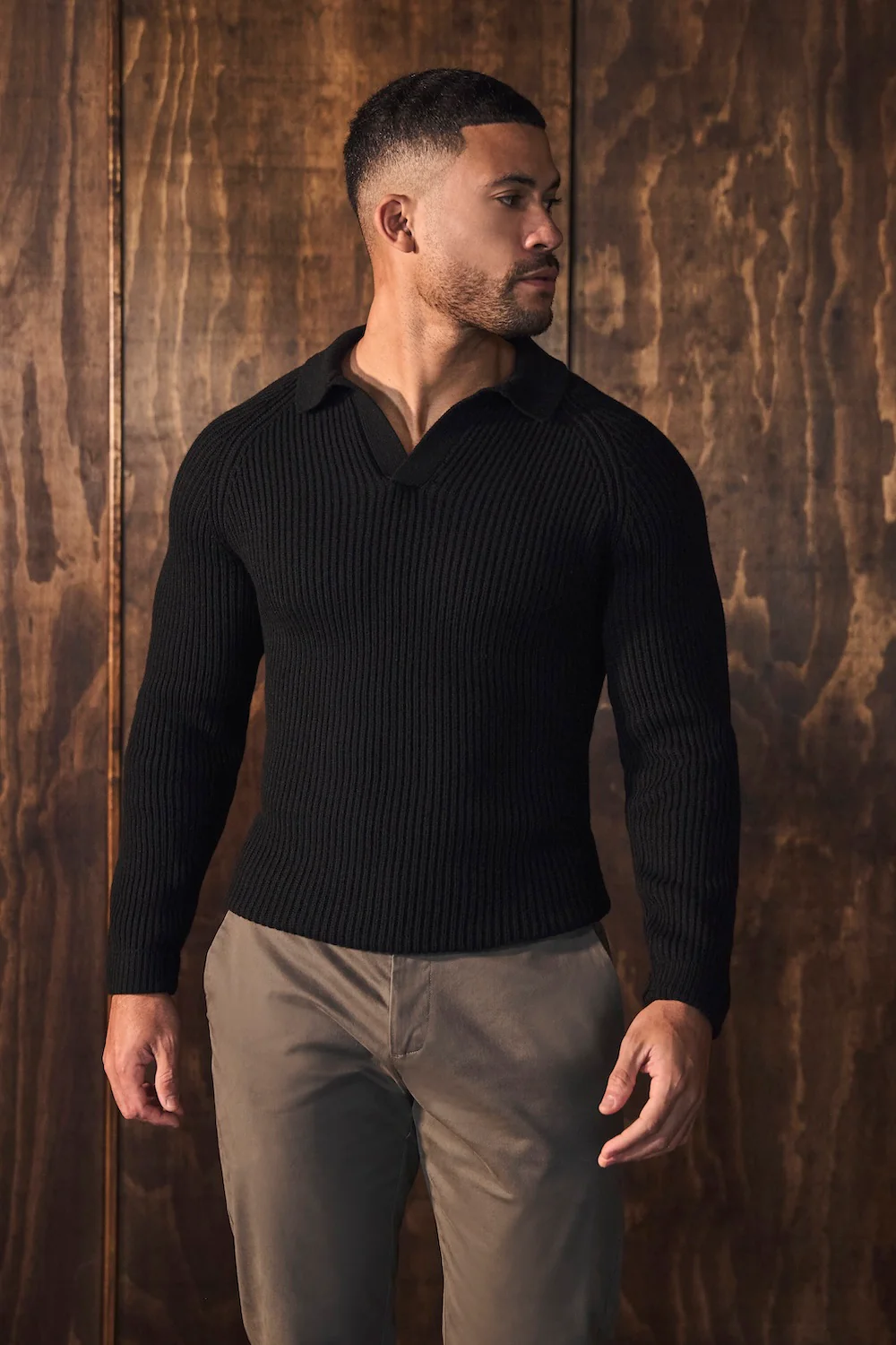 Fisherman Rib Open Collar Polo Shirt in Black - Image 6