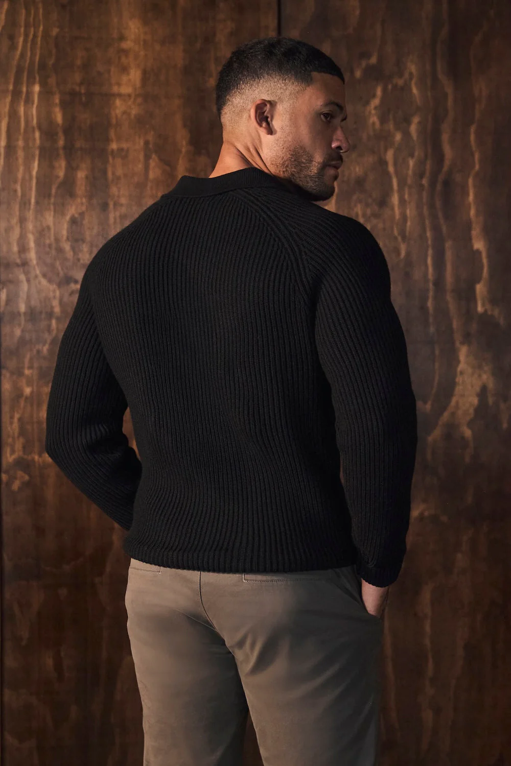 Fisherman Rib Open Collar Polo Shirt in Black - Image 7