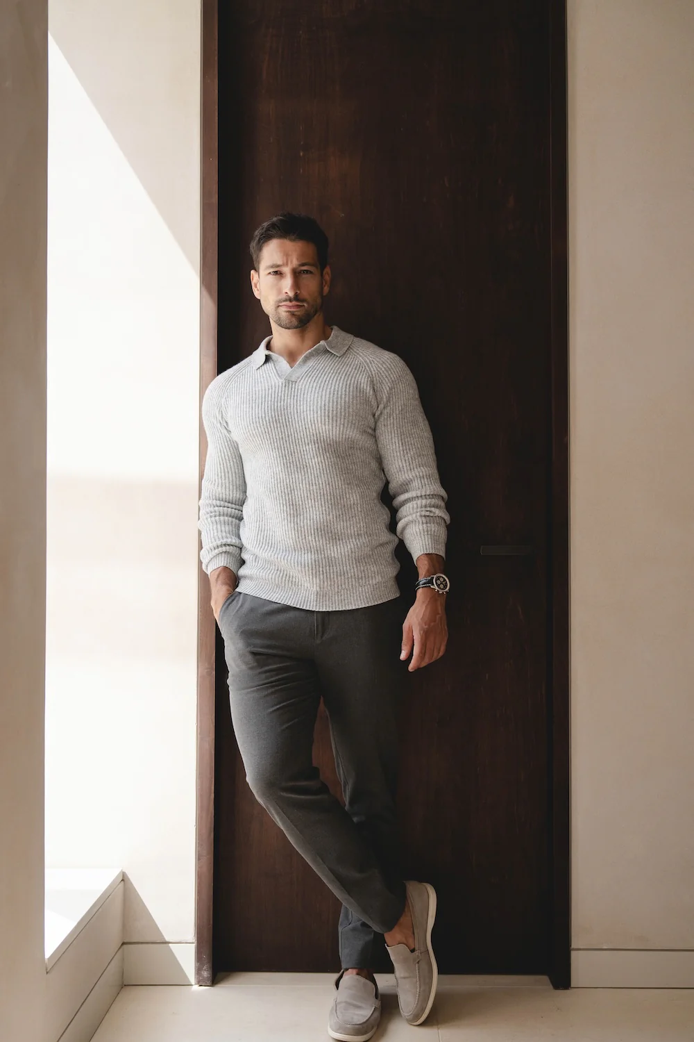Fisherman Rib Open Collar Polo Shirt in Soft Grey Marl - Image 2