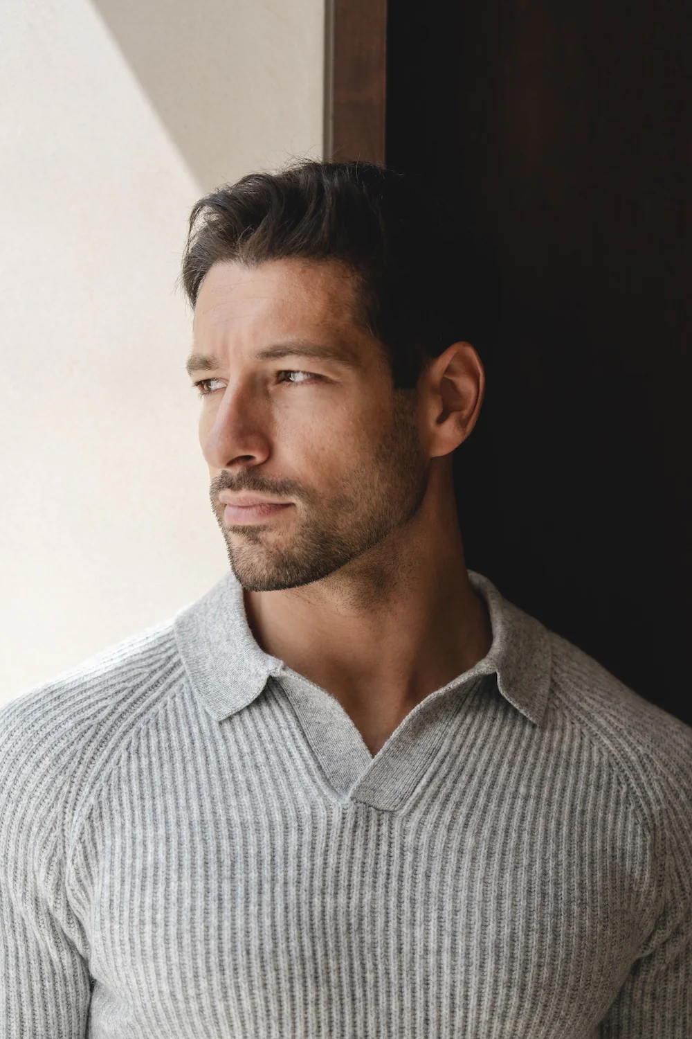 Fisherman Rib Open Collar Polo Shirt in Soft Grey Marl - Image 3