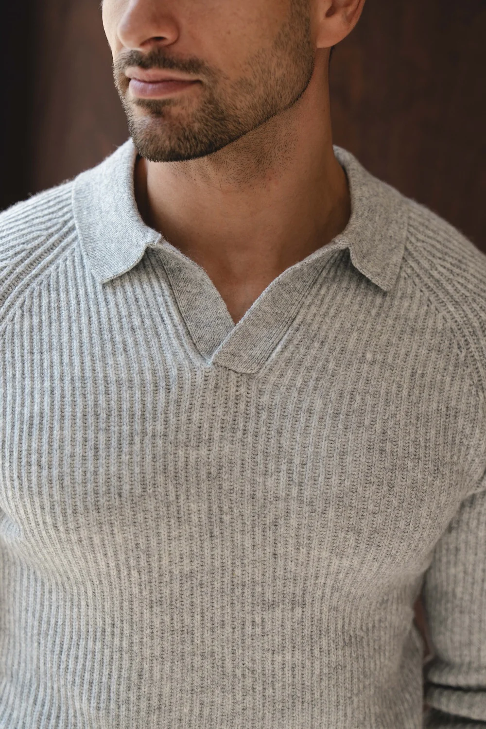 Fisherman Rib Open Collar Polo Shirt in Soft Grey Marl - Image 4
