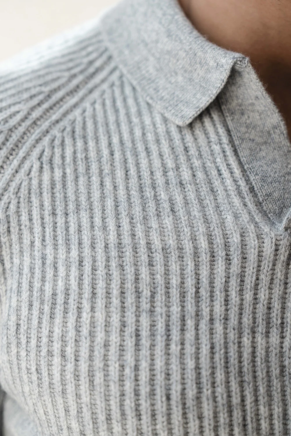 Fisherman Rib Open Collar Polo Shirt in Soft Grey Marl - Image 5