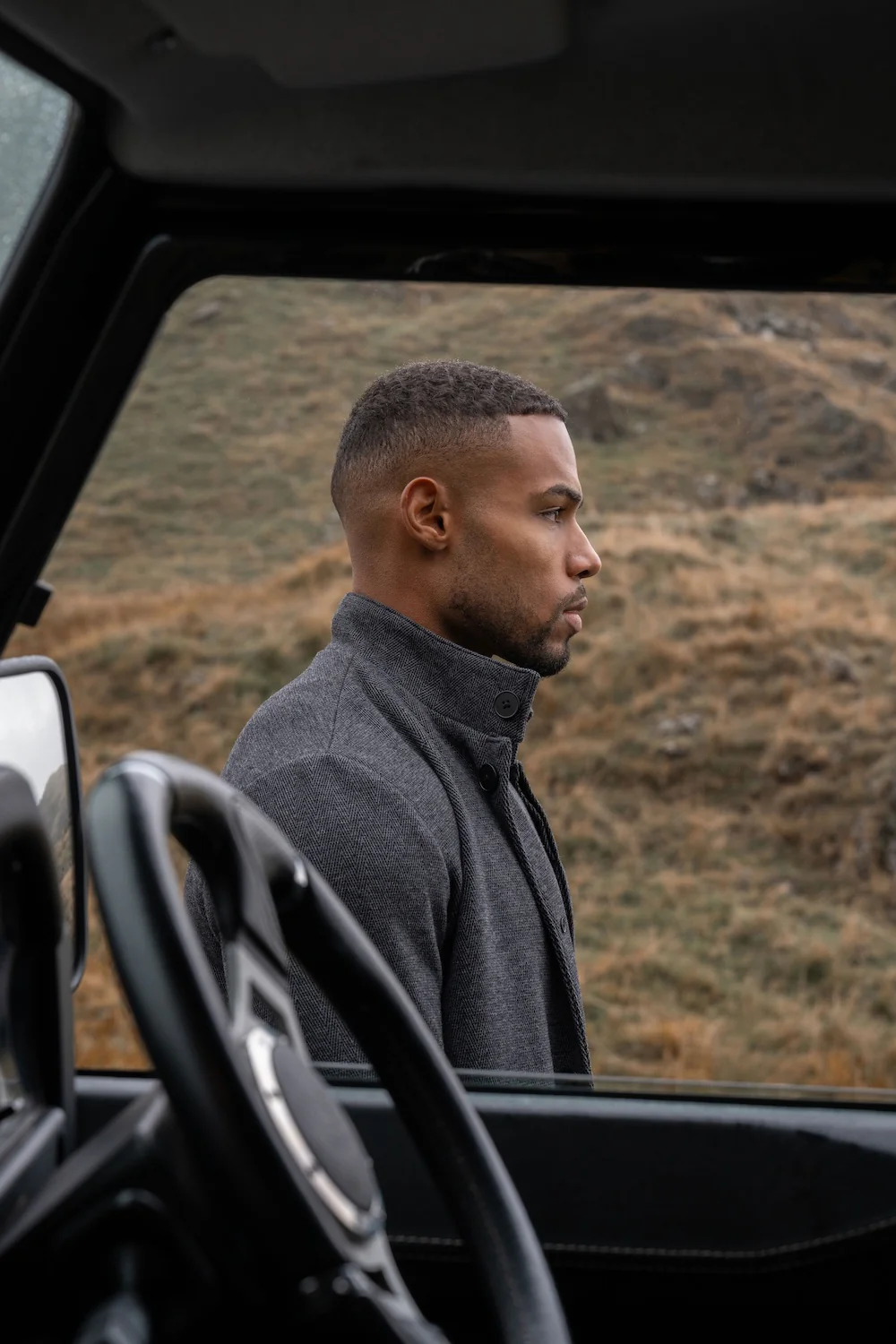 Herringbone Funnel Neck Overcoat in Charcoal - Image 3