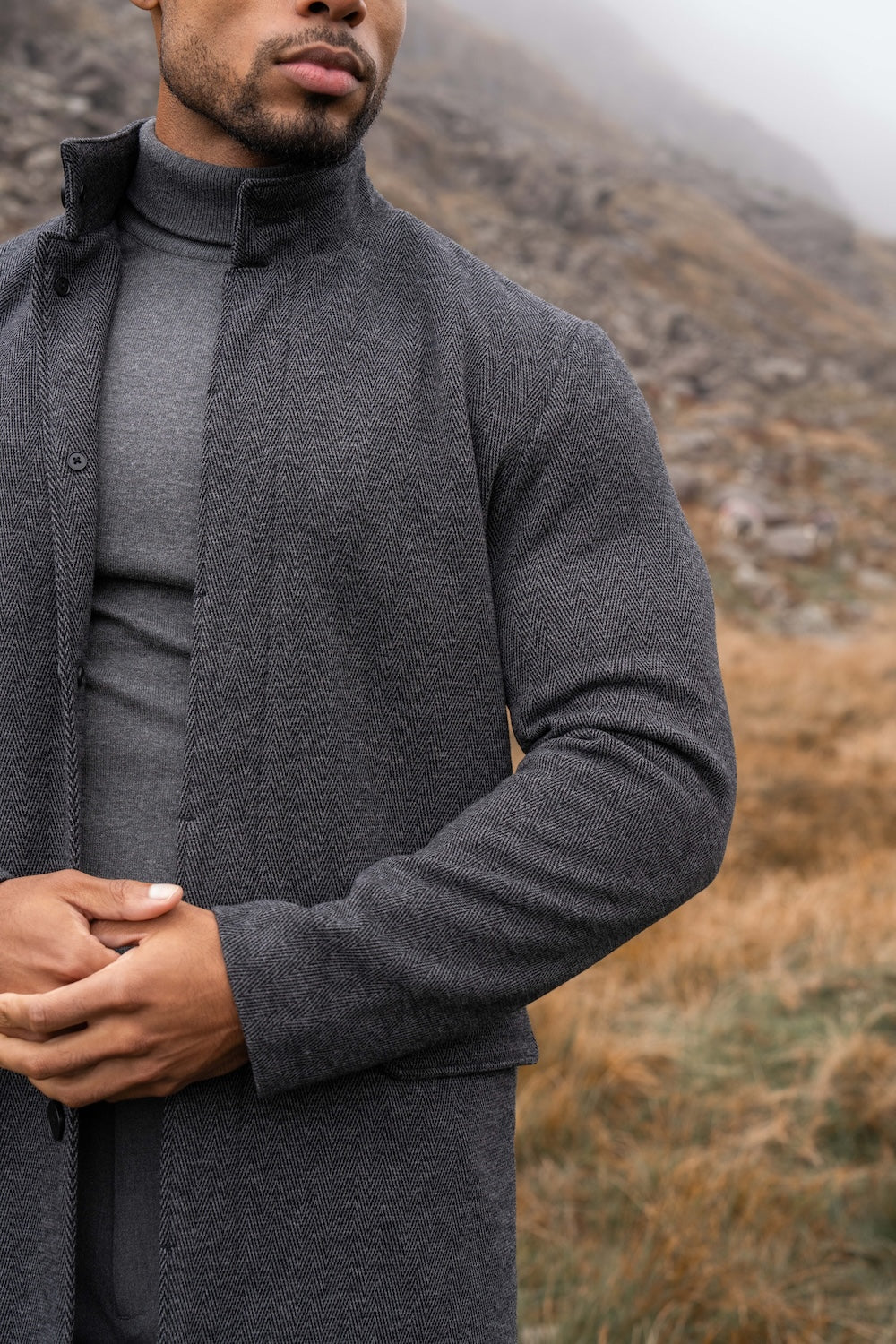 Herringbone Funnel Neck Overcoat in Charcoal - Image 4