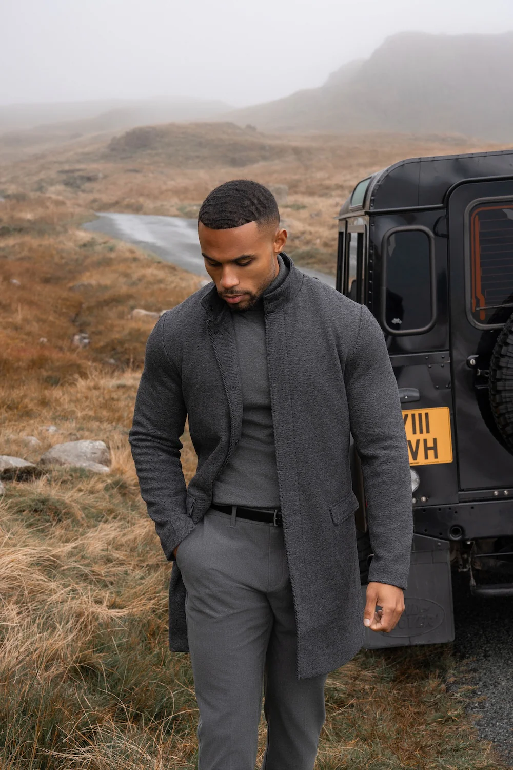 Herringbone Funnel Neck Overcoat in Charcoal - Image 5