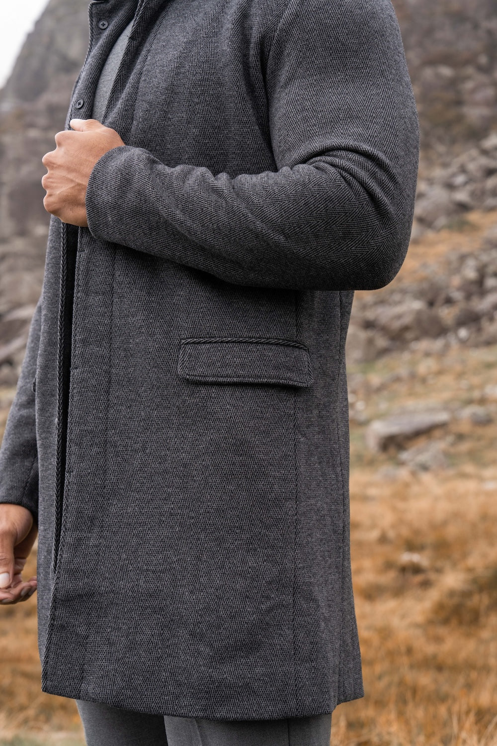 Herringbone Funnel Neck Overcoat in Charcoal - Image 6