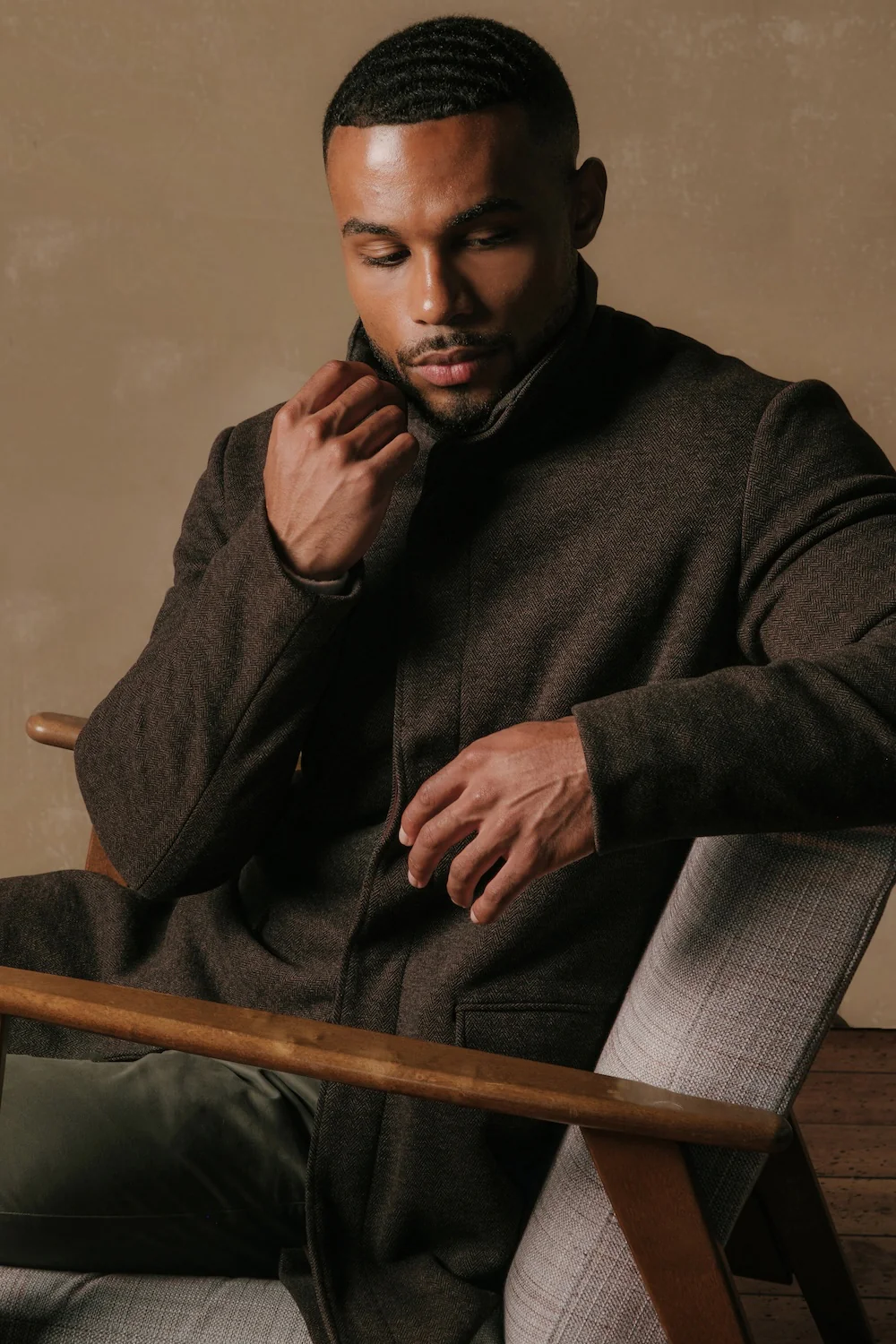 Herringbone Funnel Neck Overcoat in Mocha - Image 2