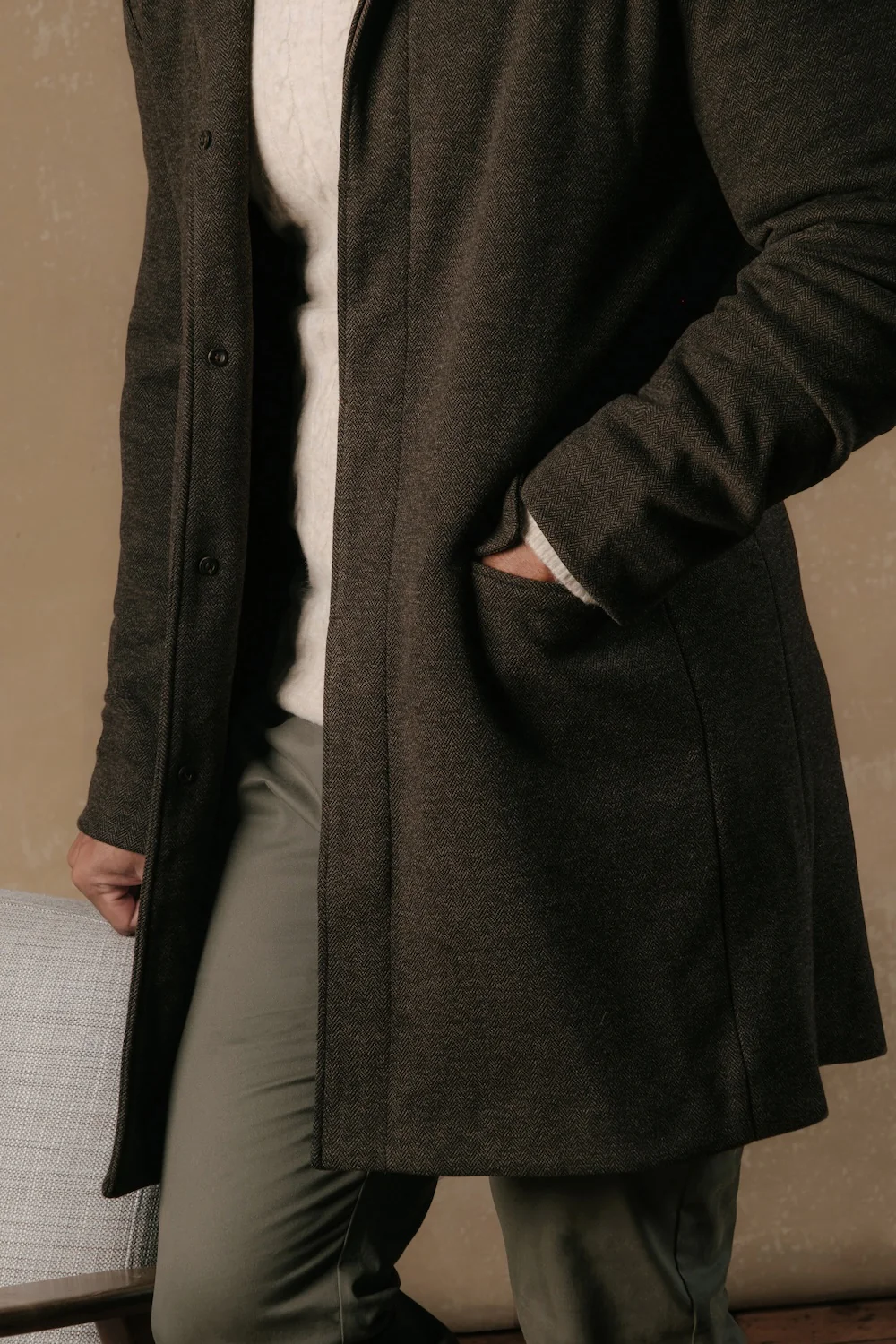 Herringbone Funnel Neck Overcoat in Mocha - Image 3