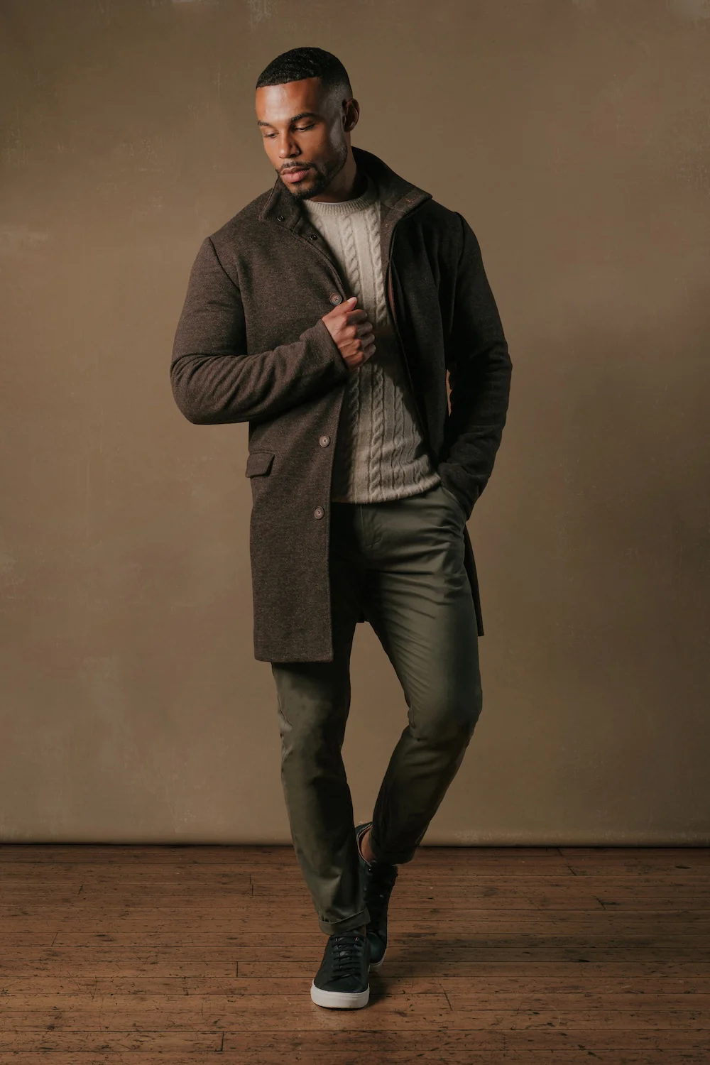 Herringbone Funnel Neck Overcoat in Mocha - Image 4