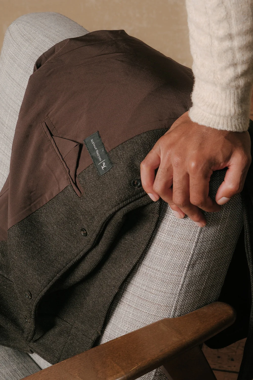 Herringbone Funnel Neck Overcoat in Mocha - Image 5