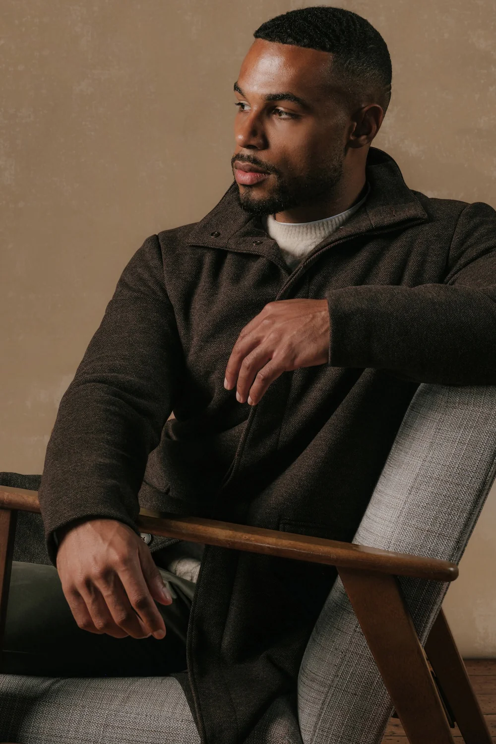 Herringbone Funnel Neck Overcoat in Mocha - Image 6