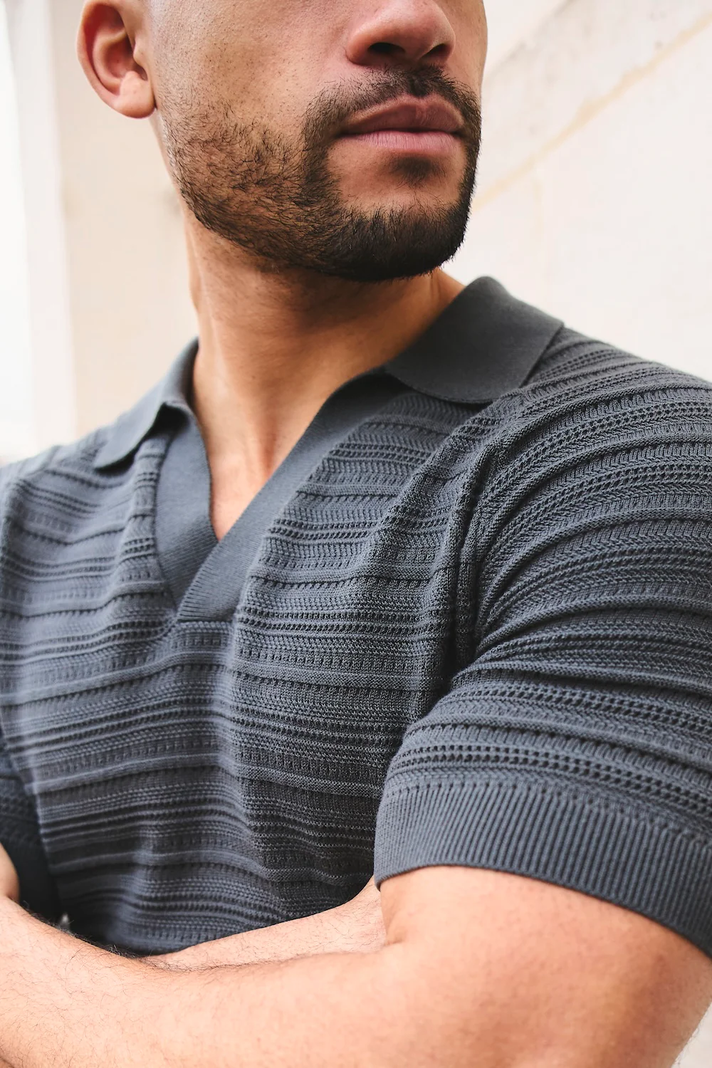 Horizontal Stripe Cotton Knitted Polo Shirt in Grey - Image 2