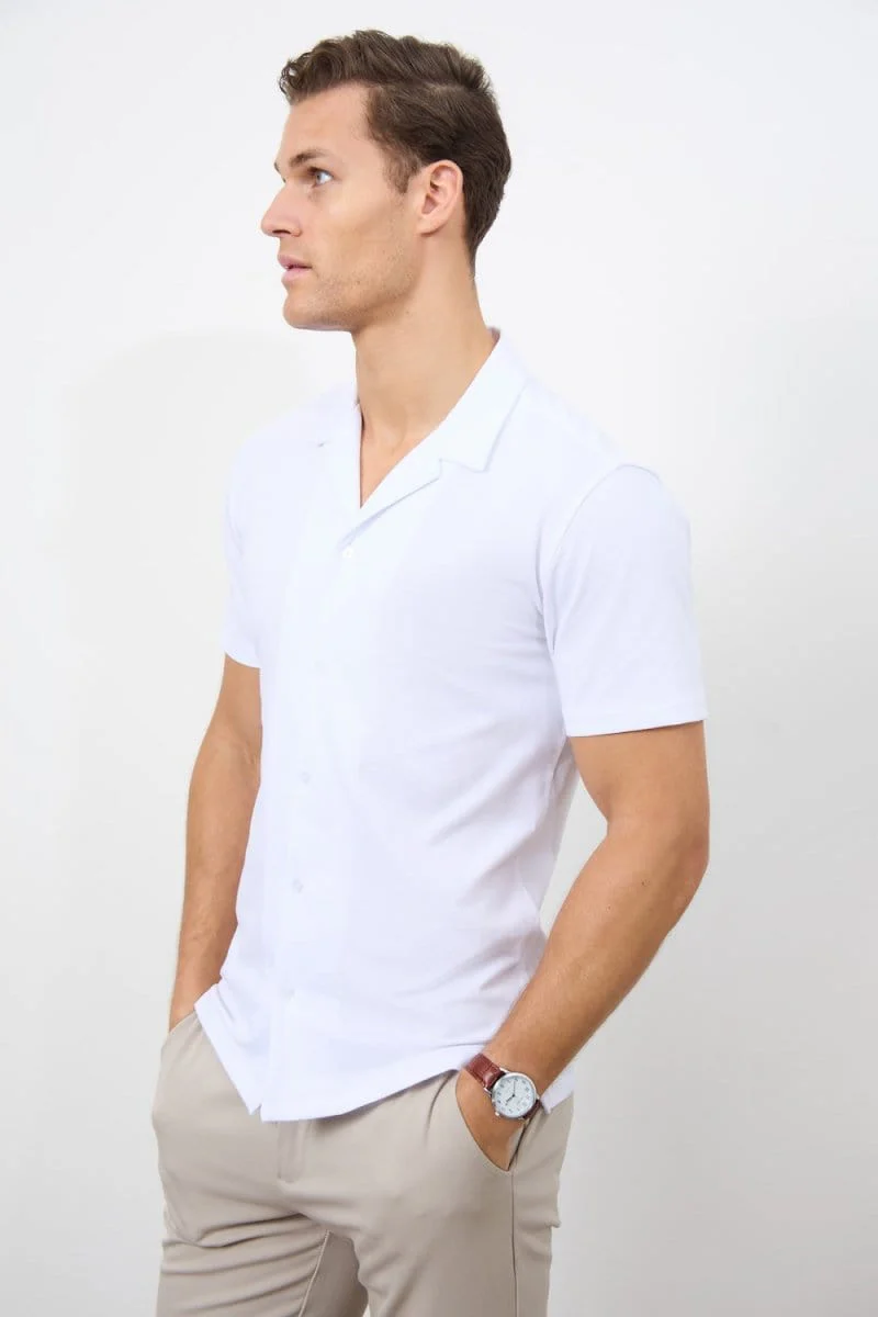 Jersey Cuban Collar Shirt in White - Image 3