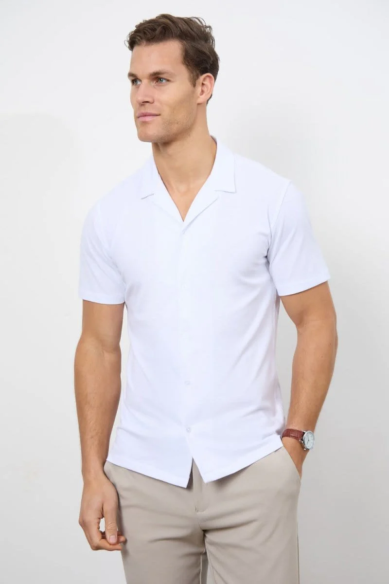 Jersey Cuban Collar Shirt in White - Image 5