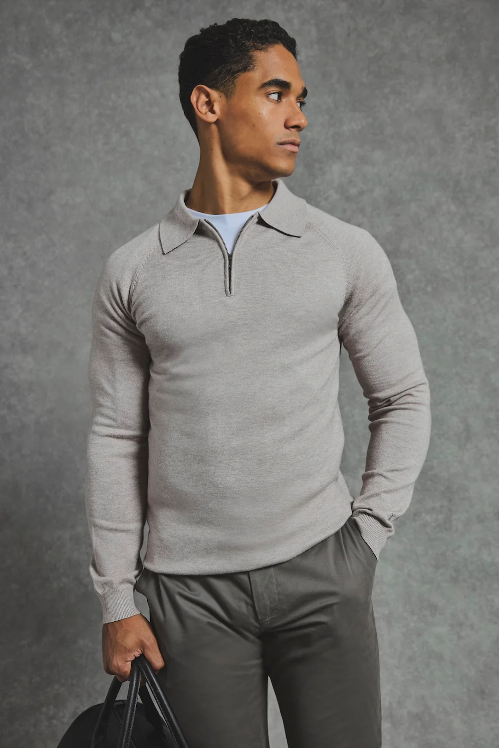 Knitted Half Zip Polo Shirt in Dark Oatmeal - Image 3