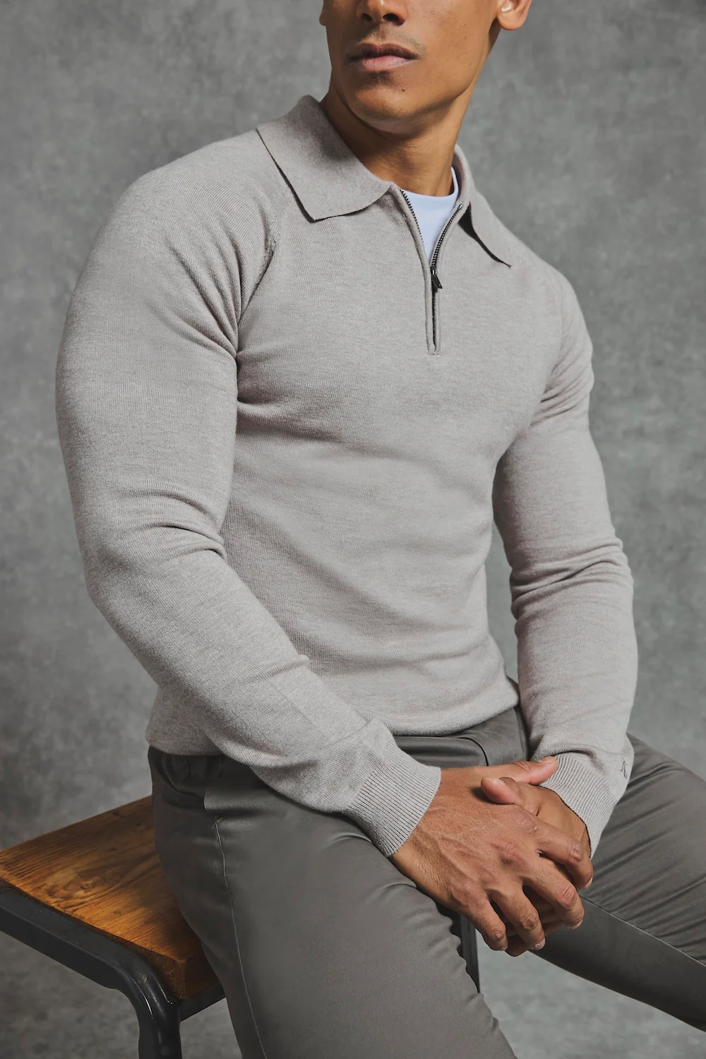 Knitted Half Zip Polo Shirt in Dark Oatmeal - Image 5
