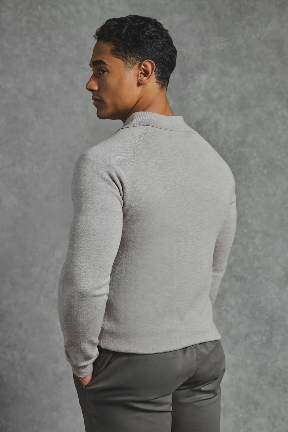 Knitted Half Zip Polo Shirt in Dark Oatmeal - Image 6