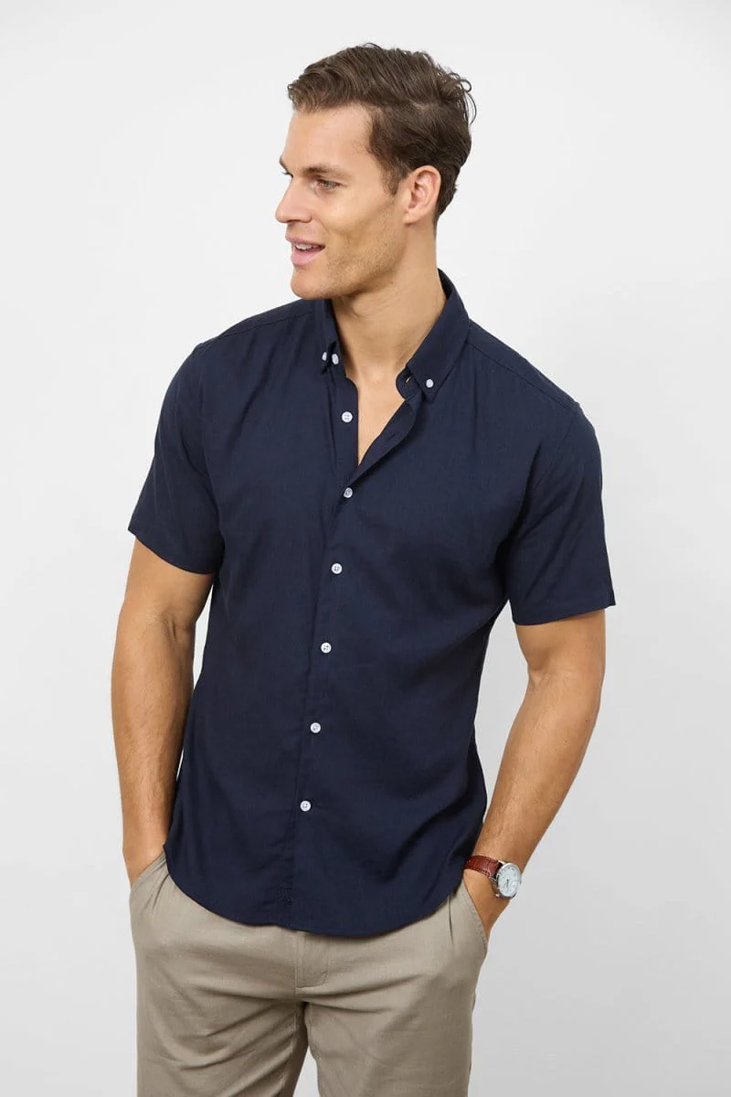 Stretch Linen Blend Button Through Shirt in Navy