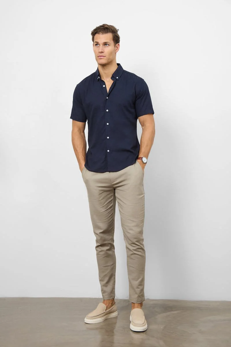 Stretch Linen Blend Button Through Shirt in Navy - Image 2