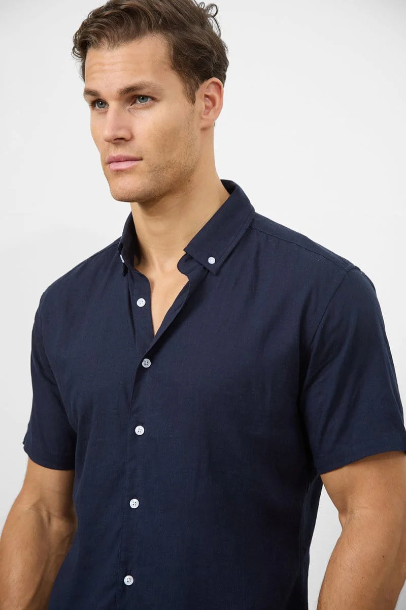 Stretch Linen Blend Button Through Shirt in Navy - Image 3