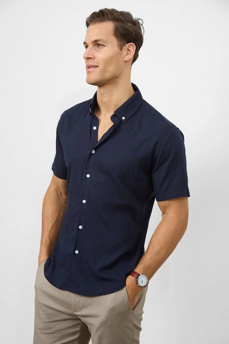 Stretch Linen Blend Button Through Shirt in Navy - Image 4