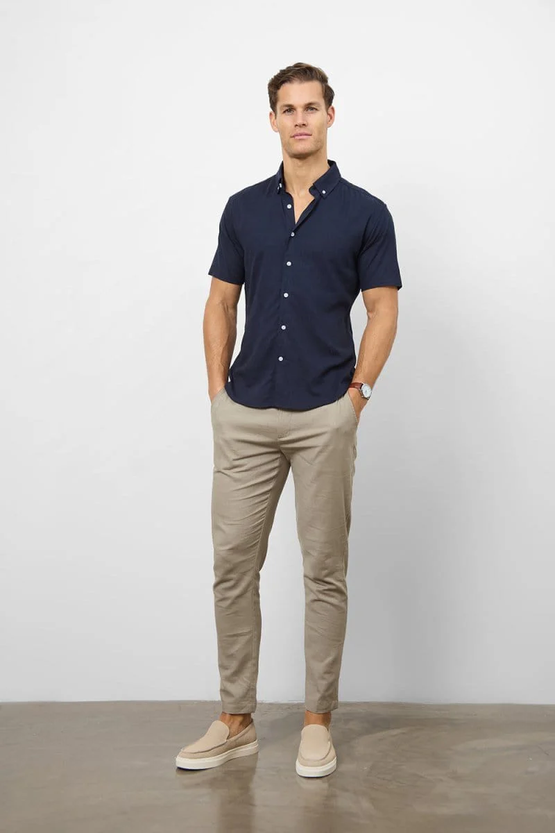 Stretch Linen Blend Button Through Shirt in Navy - Image 5